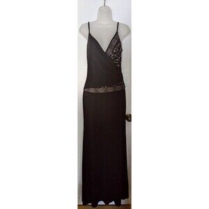 90s Tadashi Shoji Black Embellished Classy Sexy Deep V Slinky Maxi Dress L